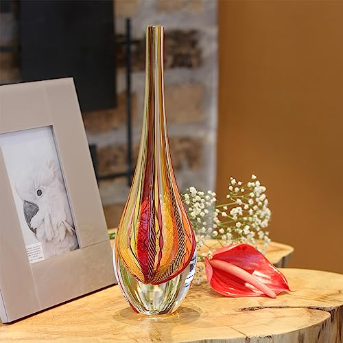 Ca D Oro Small Drop Glass Vase Boho with Red/Yellow Canes Hand Blown Murano-Style Art Glass - Model Tall - color: Red