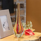 Ca D Oro Small Drop Glass Vase Boho with Red/Yellow Canes Hand Blown Murano-Style Art Glass - Model Tall - color: Red