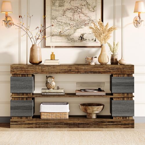 Tribesigns 63" Farmhouse Console Table, 3-Tier Entryway Table with Storage, Long Wooden Behind Couch Stand with 4 Compartments for Living Room, Hallway, Foyer, Vintage Brown & Gray