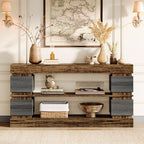 Tribesigns 63" Farmhouse Console Table, 3-Tier Entryway Table with Storage, Long Wooden Behind Couch Stand with 4 Compartments for Living Room, Hallway, Foyer, Vintage Brown & Gray