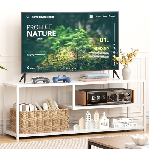 Function Home TV Stand for TVs up to 55 Inch, 3 Tier Entertainment Center, Media Console with Open Storage Shelves for Living Room Bedroom, 47” Modern TV Table with Wood Top White Metal Legs - color: 47" White