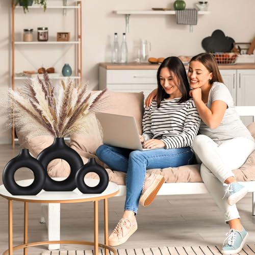 Black Ceramic Vases -for Modern Home Decor,Black Round Vase Set 3 Matte Design Minimalist Nordic Boho Style for Wedding Dinner Table Living Room Office Bedroom, Decorative Gift - color: Black, size: Small + Big + Super Large