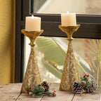 Farmhouse Gold Candle Holders for Pillar Candles, Metal Distressed Set of 2 Retro Flower Design Pillar Candle Stand Dual Use, Can be Vase Table Centerpiece Decor for Fireplace, Living, and Dining Room
