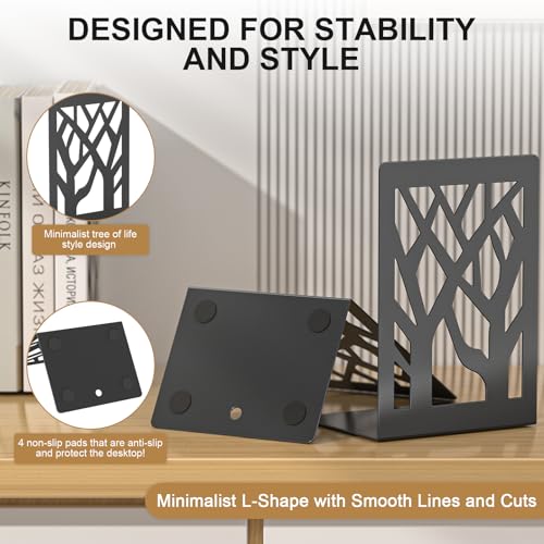 Bookends 8 Pieces, Tree Design Modern Metal Bookends for Shelves, Black Tree Book Ends Decorative Book Organizer for Desk, Decorative Shelve Book Stopper for Home Office - color: Black 8 Pieces
