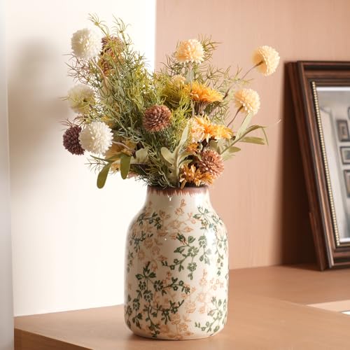 Vintage Ceramic Vase - 7.8 Inch Hand-Painted Flowers with Ice Crackle Glaze Finish, American Farmhouse Style Pitcher Vase for Home Decor, Centerpiece, Shelf, Table, Office - color: Beige and Green-002