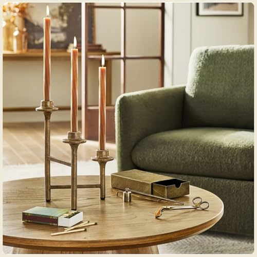 Jingmore 3 Arm Taper Brass Candelabra Vintage Foldable Metal Candle Holder for Fireplace Mantel Entryway Table Home Decor 10.25" H x 14" W x 2.5" D