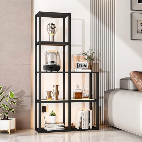 VILICK Display Shelf with LED Light Standing Floor Lamp with Glass Storage Shelves for Collectibles, 5 Tier Tall Corner Shelf Open Curio Cabinet for Living Room, Bedroom, Office, Home Decor