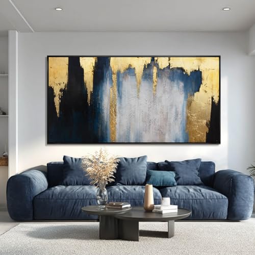 WINKAILIN Blue and Gold Abstract Canvas Wall Art with Frame Modern 29x58 Large Painting Minimalist Artwork for Living Room Bedroom Dining Room Decor - color: Blue and Gold, size: 58"L x 29"W