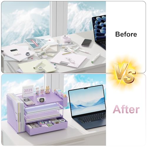 gianotter Wood Desk Organizers and Accessories with File Holder, 4-Tier Desk Accessories & Workspace Organizers with Drawer and Pen Holder, Paper Organizer for Office Supplies (Purple) - color: Purple