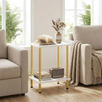HOOBRO End Table, Small Side Table, Nightstand with 2-Layer Storage Shelves, Sofa Table for Small Spaces, Living Room, Bedroom, Stable Frame, Easy Assembly, White and Gold DW09BZ01 - color: White + Gold