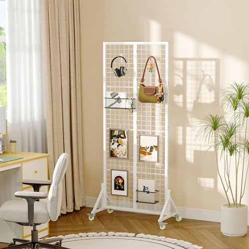 Rolling Gridwall Display Stand, 64.2" H x 23.6" W Wire Mesh Rack with Wheels, Metal Display Grid for Art Shows, Craft Fairs, Retail Boutique & Home Storage, White - color: White
