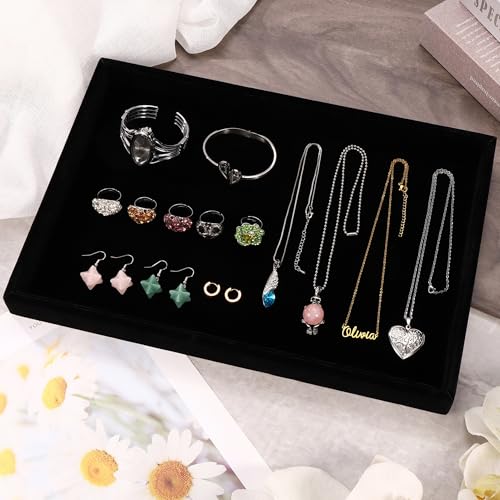 Mornajina 13.8" x 9.5" Velvet Jewelry Tray Jewelry Display Tray, Stackable Empty Plate Trays for Earrings Necklaces Bracelet Rings Display Showcase - Black - color: Black, size: Flat Tray 13.8"x9.5"