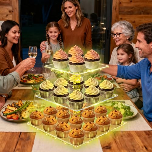 YestBuy 3 Tier Clear Square Cupcake Stand - Premium Cupcake Holder - Acrylic Cupcake Tower Display - Candy Bar Party Décor + LED Light String - Ideal for Weddings, Birthday Parties (Yellow Light) - color: Yellow, size: 3 tier