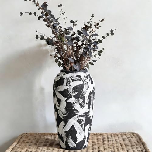 Rustic Ceramic Vase 13.8", Large Black Ceramic Vase with White Abstract Pattern, Matte Tall Floor Vase for Living Room Entryway Kitchen, Black Vases for Centerpieces, Water Friendly Decor - color: Black and White, size: 13.8in