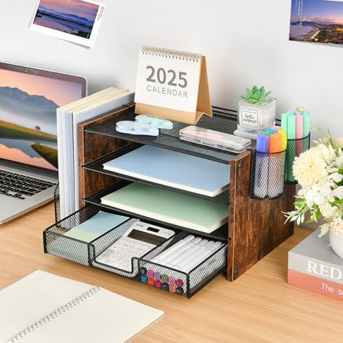 OPNICE Desk Organizer, 4-Tier Desktop File Organizer with Drawer and 2 Pen Holders, Office Desk Accessories, File Sorters, Workspace Organizers for Office Supplies(Brown Wood) - color: Brown Wood, size: 4-Tier