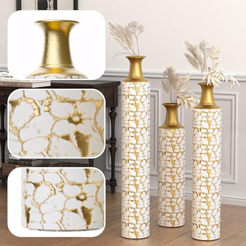 Floor Vases, Tall Home Decor Metal Vase Set of 3 Large Glazed Decorative Vases for Wedding Decor, Elegant Modern Flower Holder for Living Room, Entryway, Hallway, Dining Room - color: Pebble Ivory Gold
