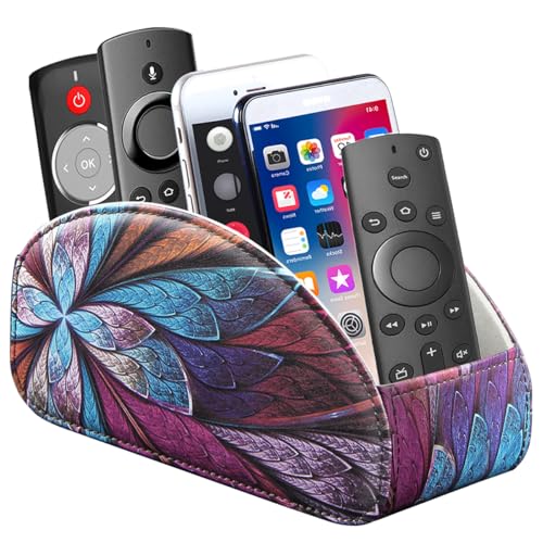 YAPISHI Remote Control Holder, 5 Compartments TV Remote Holder Caddy for Table, Nightstand Organizer for Remotes/Media Controllers/Office Supply, Bedside Decorations for Living Room， PU Leather - color: Fractal Flower, size: Large