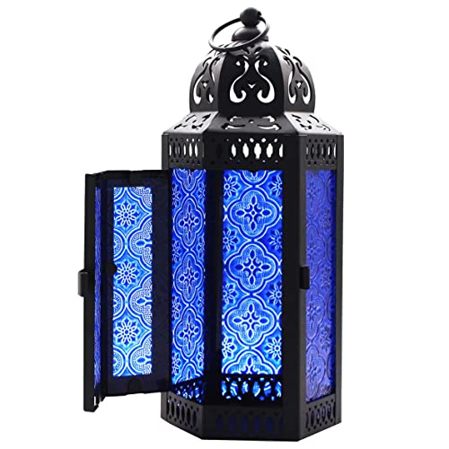 CVHOMEDECO. Decorative Candle Lantern Moroccan Lanterns Vintage Black Metal Lantern Holder for Home Patio Outdoor Decor. Cobalt Glass, Medium - color: Cobalt