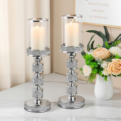 15.9" Tall Pillar Candle Holder with Wind Proof, Metal Hurricane Holders, Crystal Candle Holders for Table Centerpieces, Home Decor, Wedding, Dining Table (2, Silver, Large) - color: Silver, size: Large