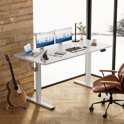 Furmax Electric Height Adjustable Standing Desk Large 63 x 24 Inches Sit Stand Up Desk Home Office Computer Desk Memory Preset with T-Shaped Metal Bracket, White - color: White, size: 63 Inch