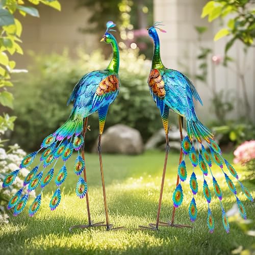 32" Oversized Peacock Decor Set of 2, Hand-Painted Metal Yard Art, Weatherproof Outdoor Garden Statues & Sculptures for Lawn, Flower Beds, Patio, Backyard or Indoor Kitchen & Home Decor - color: 32" -Green+brown