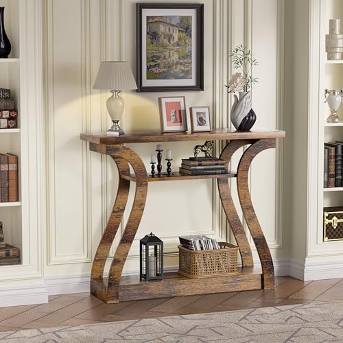 Wooden Console Table with Curved Legs and Shelf, 3-Tier Modern Accent Narrow Sofa Table for Entrance Area, Living Room, Hallway, 47 in Wide Wood Console Table for Entryway (Retro) - color: Retro