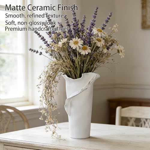 Abstract Irregular Ceramic Vase, White Irregular Pottery Vase, Handmade Decorative Minimalist Flower Vases for Modern Home, Tabletop, Shelf & Office - size: 21" x 20" x 32"