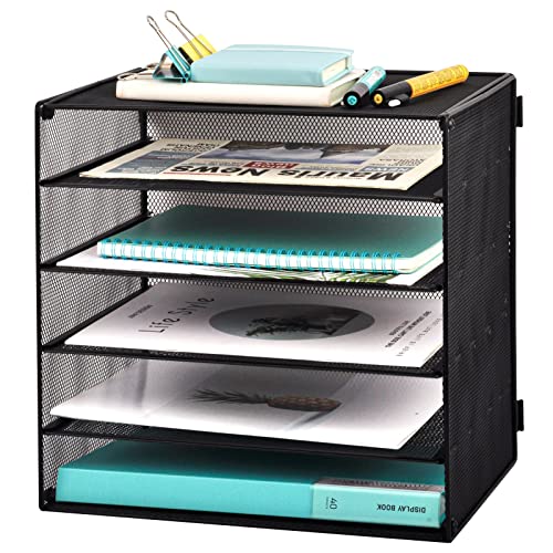 EASEPRES 5 Slot Mesh Desk Organizer Tray, File Paper Letter Folder Holder Desktop Paper Sorter Mail Organization Rack Storage Accessories, for Office Home School Classroom, Black - color: 5 Tier Black