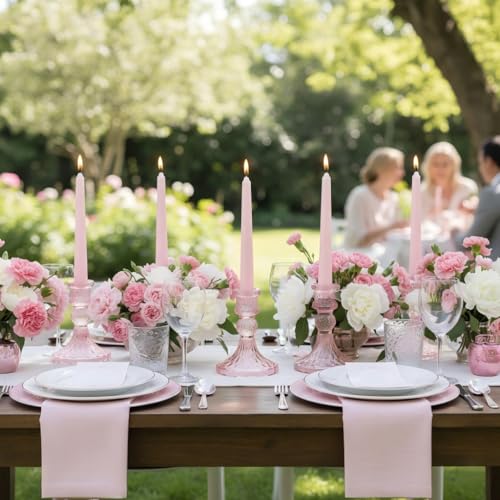 Glass Candle Holder Set of 12, Pink Taper Candle Holders Bulk, Vintage Candlestick Holders, Candle Stick Holder for Table Centerpieces, Wedding & Mother's Day - color: Pink