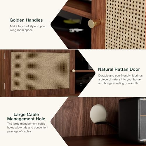 ZttRiee TV Stand for TVs up to 65'', Entertainment Center With Rattan Door, Shelves & 2 Cabinets, Long Boho Media Console for Living Room, Walnut - color: Walnut