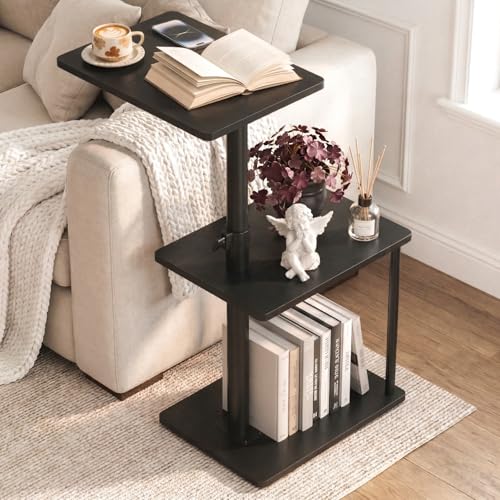 Faesun Swivel Side Table for Couch Arm, Adjustable C End Table for Recliner or Bed, Tv Trays with Storage Shelf for Small Spaces Small Nightstand Table for Living Room, Bedroom - color: Black