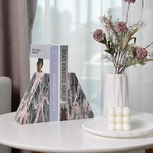 Koville Marble Bookends for Shelves, Large Bookends for Heavy Books, Natural Stone Book Stopper for Books CD Movies, Aesthetic Decorative Book Ends (Grey&Pink) - color: Grey&pink