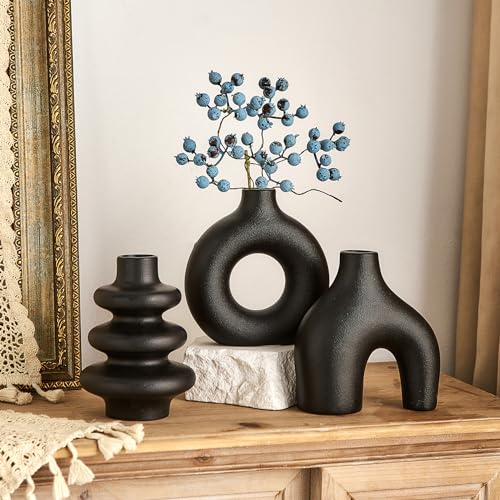Black Ceramic Vase Set of 3, Small Flower Vases for Pampas Grass, Modern Boho Vase for Decor, Round Black Vases Centerpieces for Wedding Living Room Bedroom Coffee Table Entryway - color: Black