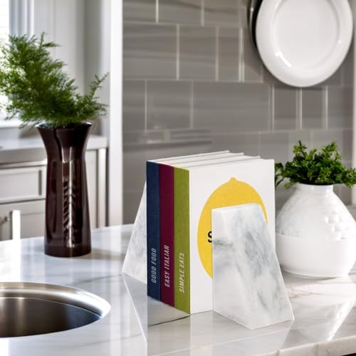 Ottimo Polished Heavy Stone Marble 6" Book Ends for Bookshelf Decor, Home, Office or Kitchen Shelves. Heavy, Triangular, and Decorative Book Stopper with Anti-Slip Pads, Great Gift Idea (White) - color: Pearl White