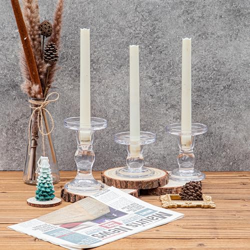 YAKii Clear Glass Candle Holder Set - Elegant Crystal Candlestick Holders for Pillar Taper Candles and Tea Lights - Perfect for Home Decor, Wedding, Christmas and Party - Set of 3