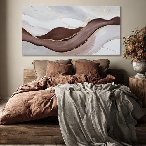 Hue7Art Modern Abstract Canvas Wall Art Neutral Flowing Lines Painting in White Gray and Brown, Minimalist Contemporary Artwork for Living Room Bedroom Office Wall Decor 24x48 Inch - color: White and brown and gold, size: 48"L x 24"W