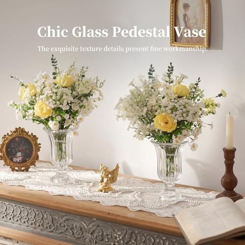 Glasseam Pedestal Glass Vase for Flowers, 7.5in Tall Compote Vase Set of 3, Crystal Clear Vases for Centerpieces, Ribbed Decorative Vases for Home Decor, Cute Footed Urn for Living Room Decorations - size: Large