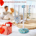 FONMY Jewelry Organizer Countertop Acrylic w/Nature Seashell Handmade,Seascape Standing Jewelry Holder W/Blue crystal for Bedroom Bathroom w/Weighted Base,Unique Gifts