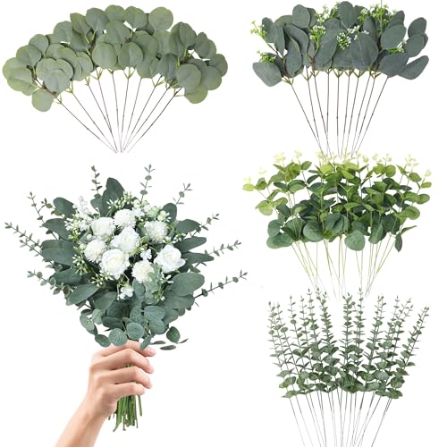 Eucalyptus Leaves Stems 60 PCS, 4 Kinds Mixed Artificial Greenery Stems for Wedding Decor Vase Floral Arrangement Centerpiece