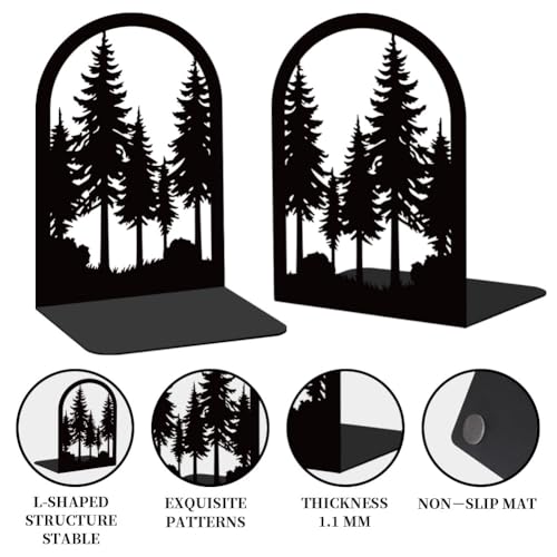 Forest Book Shelf Decorative Bookends for Shelves, Book Ends for Heavy Books, Black Pine Tree Metal Bookends for Desk Organizer, Office Library Decor Decorative Books for Home Decor - style: Forest