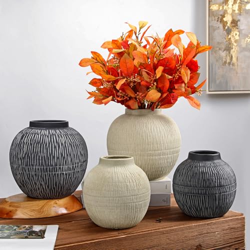 9" Large Rustic Vase with Linear Sculpture and Rich Sand Texture, Round Ceramic Vase with Wide Belly for Space Filling Decor, Retro Style & Beige White - color: 9" Cream White