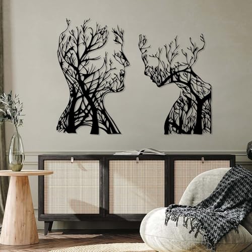 Abstract Face Metal Tree Wall Art, Decorative Branches, Tree Branch Art, Woman & Man Metal Wall Decor, Abstract Artwork, Modern Decorations, Living Room Decor (Black, 53"x(39"+33") | 135x(98+85)cm) - color: Black, size: 53"L x 39"W