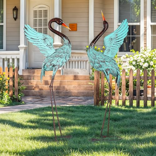 Extra-Large 47.5" Blue Heron Decor, Handcrafted Metal Crane Statue with Stable U-Ground Stakes, Backyard Decoration, Metal Garden Bird Animal Yard Art, Lawn Ornament Decor - color: 47.5" -Distressed Patina Green