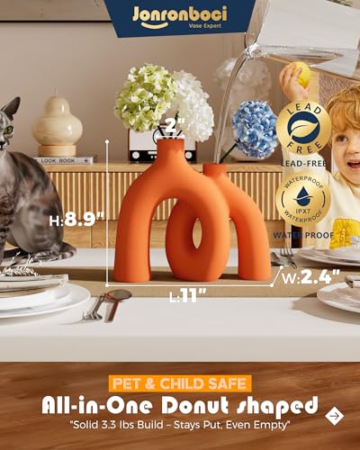 Hug Donut Decorative Vase Set - Modern Vases Home Decor, Decorative Vase for Bookshelf, Entryway Table, Dining Table Centerpiece, Mantle or Fireplace Decor, Console (Orange) - color: Orange