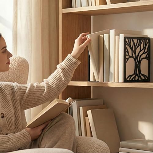 2 Pcs Black Bookends, Sturdy Metal Bookends for Shelves Decorative Book Organizer with Unique Tree Design for Home Library Office Desk - style: Abstract Tree