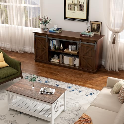 YESHOMY TV Stand for Televisions up to 65 Inches, with Sliding Barn Doors and Storage Cabinets, Console Table and Media Furniture for Living Room, 58 Inch, Espresso - color: Espresso, style: Sliding Barn Doors TV Stand