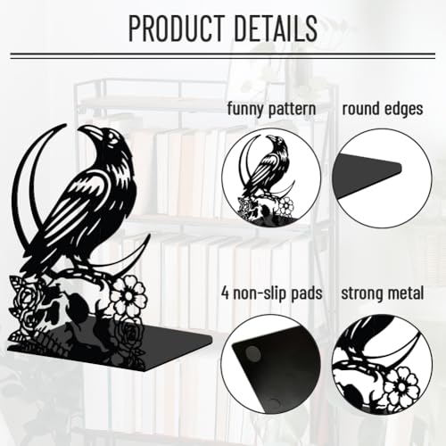 WADORN 1 Pair Raven Metal Decorative Bookend for Shelves, Heavy Duty Book Ends Modern Bird Non-Skid Books Holder Stand Black Book Support Stoppers for Desk Bookshelf Office Home, 5.3x4.3x7.8 Inches - color: Raven