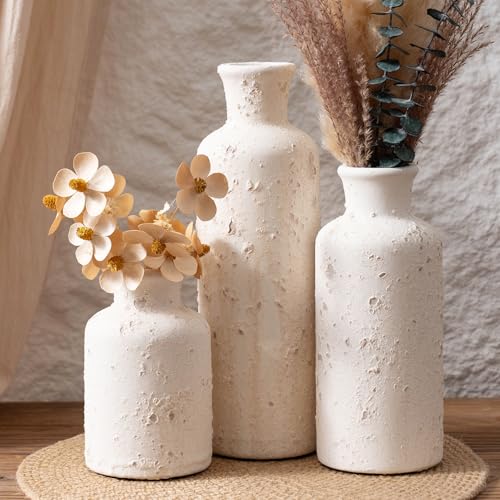 Vintage Ceramic Flower Vase Set of 3, Rustic Farmhouse Vase for Home Decor, Distressed Decorative Vase for Table Entryway Mantel Centerpiece Living Room Bathroom Bedroom (Distressed White) - color: 118--distressed White