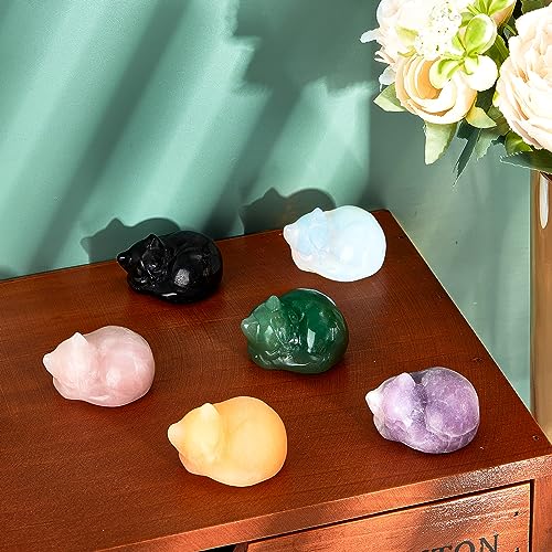 Barydat 6 Pieces Crystal Figurines Cat Statues Cute Cat Mother's Day Decor Gemstone Decor Small Carved Sculpture for Women Gifts for Kitty Lover Office Home Animal Stone Decoration