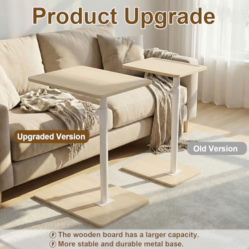 YUHFERA Sofa Armrest Tray Table for Couch - 360 Swivel Height Adjustable End Table for Small Spaces, Snack Side Table for Bed or Chair with Phone & Tablet Slot (Oak, Enlarged) - color: Fair, size: Enlarged